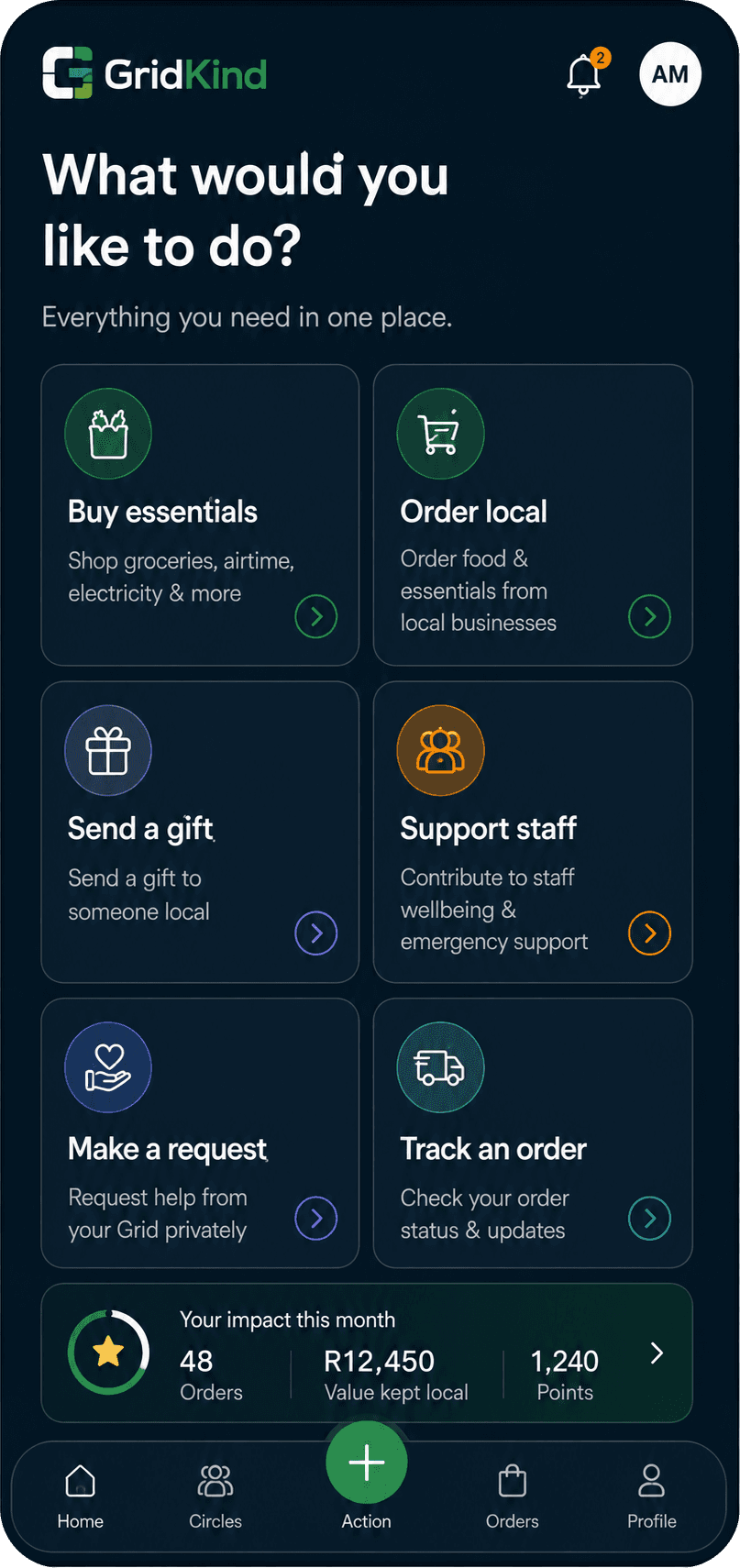 GridKind Action Hub showing private gifts, buying essentials, shared goals, community meals, and order tracking.